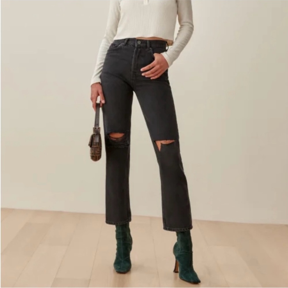 Reformation Cynthia High Rise Straight Long Jeans Black Destroyed Size 27